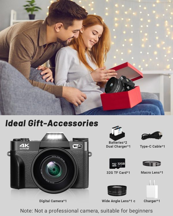2024 Upgrade VJIANGER Digital Camera for Photography 4K 56MP Vlogging Camera for YouTube with WiFi, 180° Flip Screen, 16X Digital Zoom, 52mm Lens, 2 Batteries, 32GB Micro SD Card(Black) - Image 2
