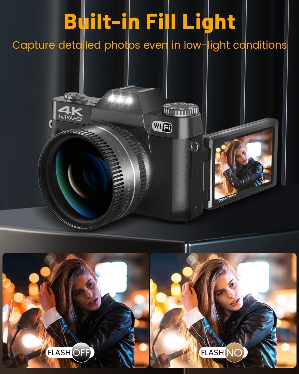 2024 Upgrade VJIANGER Digital Camera for Photography 4K 56MP Vlogging Camera for YouTube with WiFi, 180° Flip Screen, 16X Digital Zoom, 52mm Lens, 2 Batteries, 32GB Micro SD Card(Black) - Image 5