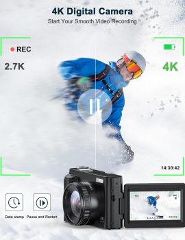 4K Digital Camera for Photography and Video, Autofocus Anti-Shake 48MP Vlogging Camera for YouTube, 3” 180°Flip Screen Camera with Flash 16X Zoom, Digital Camera with 32GB Card Battery Charger Black