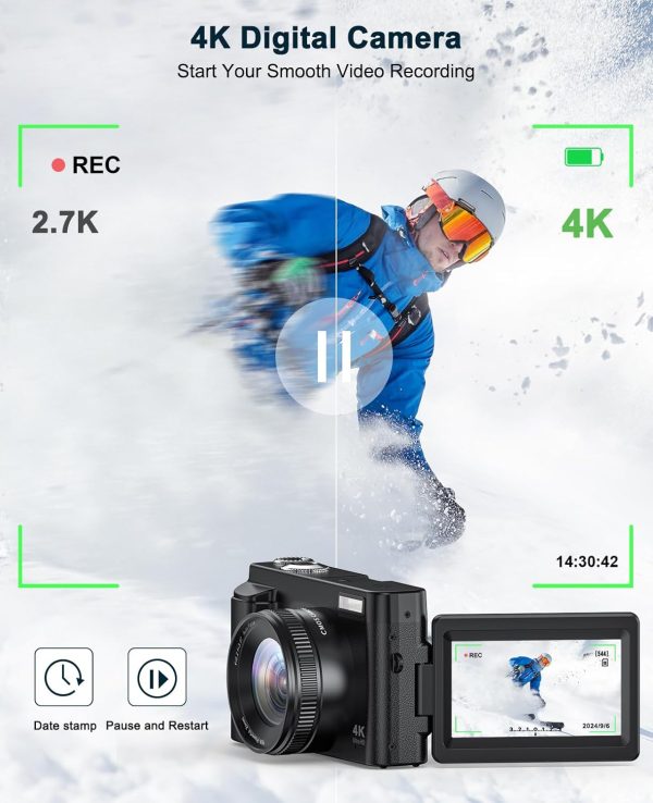 4K Digital Camera for Photography and Video, Autofocus Anti-Shake 48MP Vlogging Camera for YouTube, 3'' 180°Flip Screen Camera with Flash 16X Zoom, Digital Camera with 32GB Card Battery Charger Black - Image 2